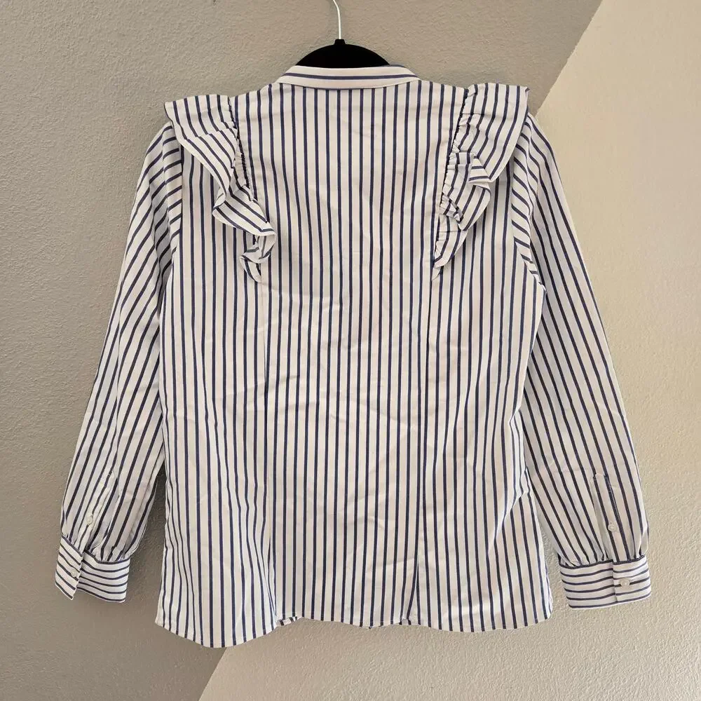 Banana Republic Riley-Fit Stripe Ruffle-Front Shirt 10P - Picture 6 of 11